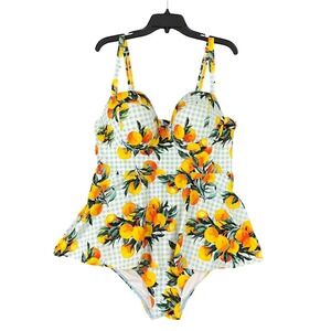 Torrid Swimsuit Womens 1F Lemon Print Gingham Peplum One Piece Retro Pinup Chic